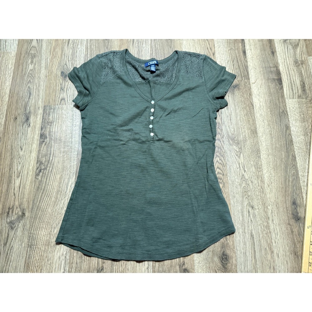 Chaps Top Womens Medium Green Adult Lace Henley Short Sleeve Slub Knit Excellent